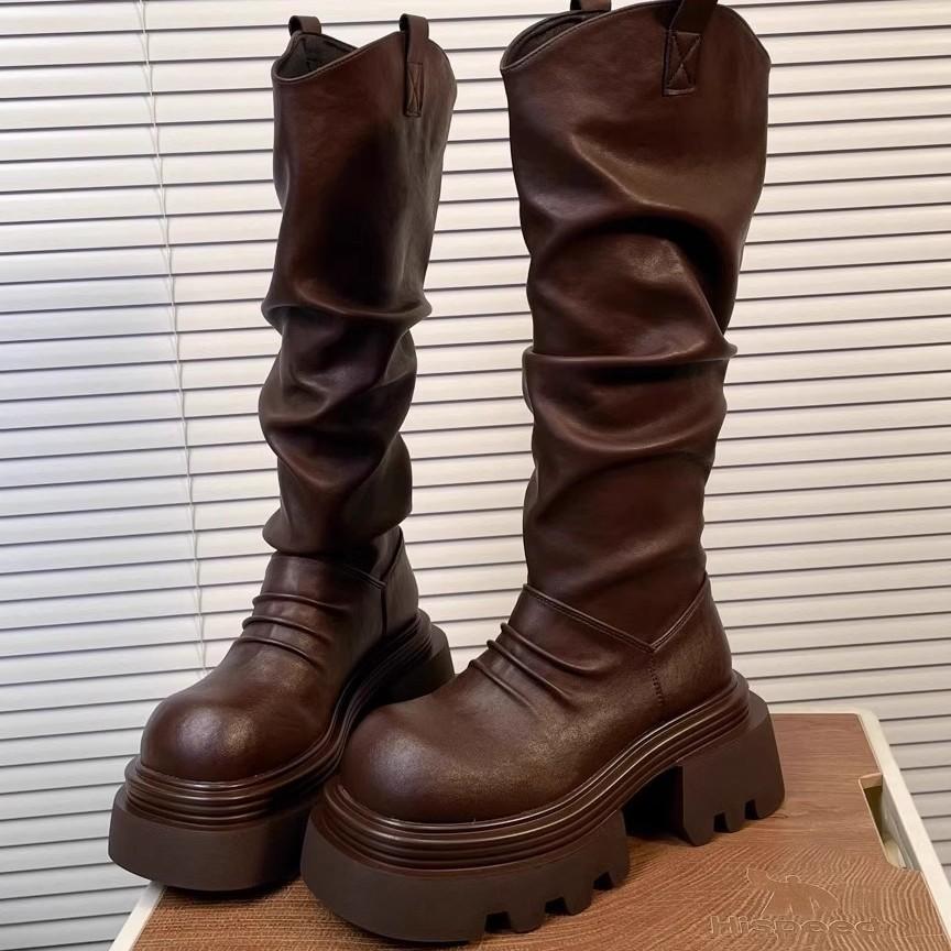 Korean Goods Thick-soled V-mouth Folds Piled High Boots Women Look Thin But Knee Long Boots Increase Height 7cm Big-headed Knight Boots