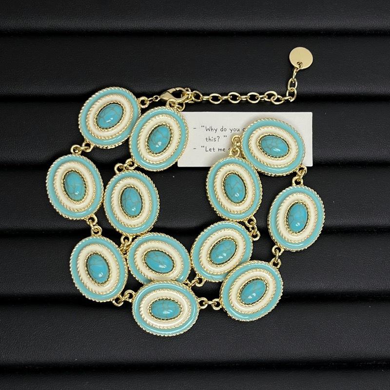 French Retro Oval Turquoise Enamel Earrings & Necklace with Natural Stone