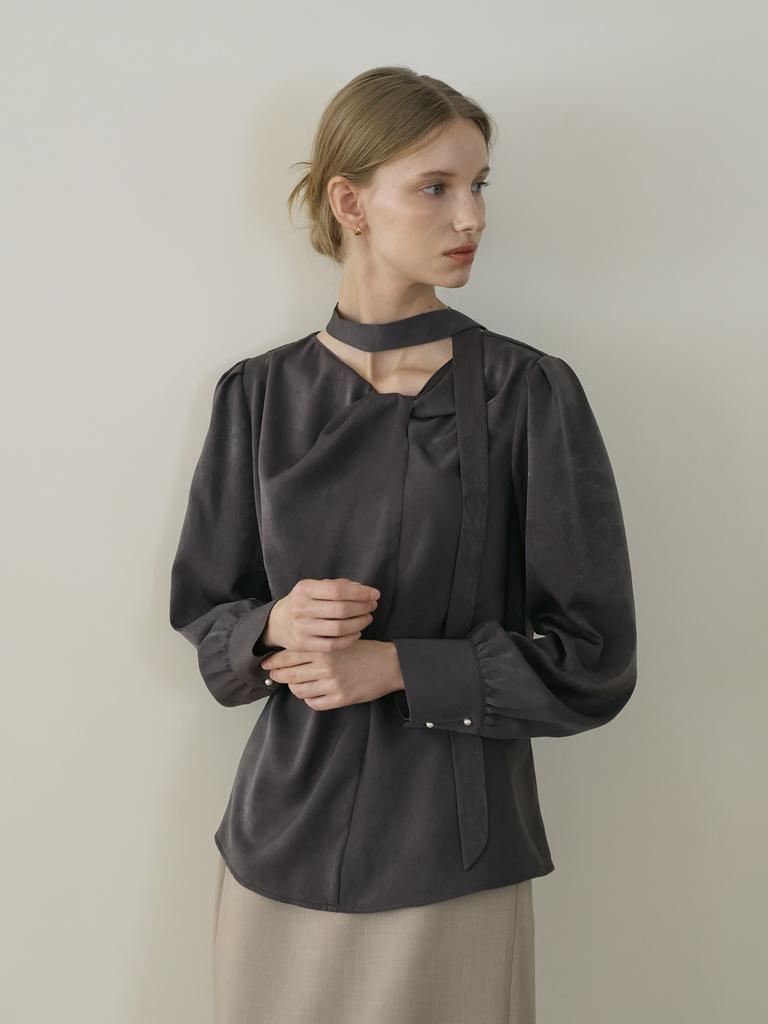 Peulomdeimomeonteu Phoe Twist Velvet Texture Blouse_Dark Brown