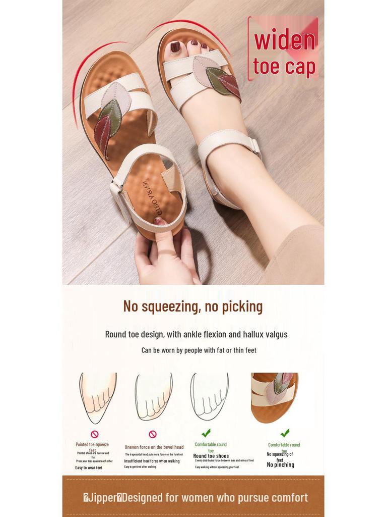 Dames Sommer Sandaler med Sklisikker Såle - Myk Såle, Lav Hæl for Middelaldrende og Eldre