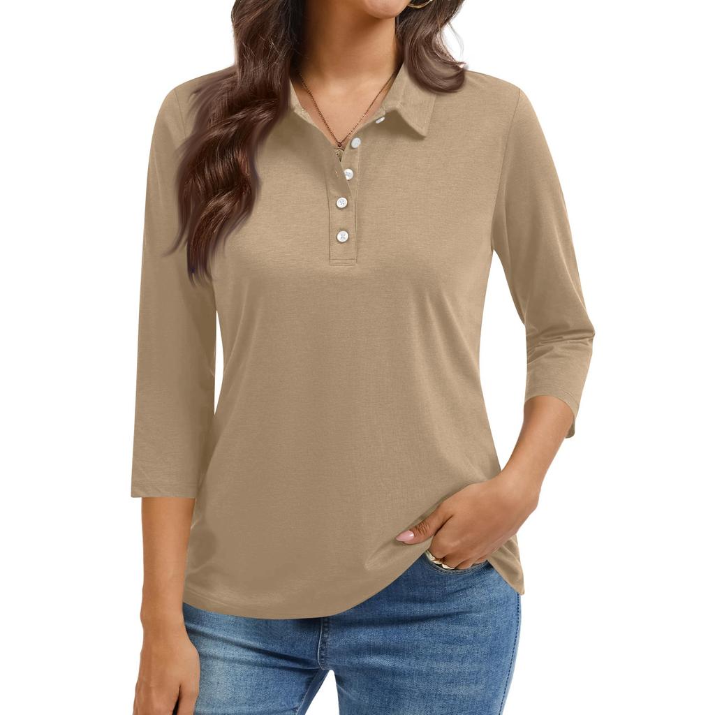 Women's Fashion Casual Lapel Short 3/4 Sleeve Color Shirt Women's Button Up Tops