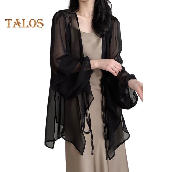 

Женский летний шифоновый солнцезащитный кардиган с v-образным вырезом и длинными рукавами, шифоновый топ, прозрачное пальто с шалью на шнуровке и нерегулярным подолом 3XL чёрный