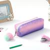 Glitter Rainbow Pattern Pencil Case Storage Bag with Zipper Closure and Pom Pom Charm Durable Portable Stationery Organizer