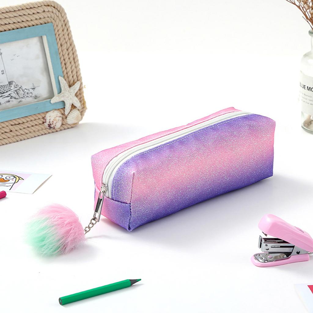 Glitter Rainbow Pattern Pencil Case Storage Bag with Zipper Closure and Pom Pom Charm Durable Portable Stationery Organizer