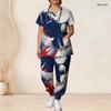 Damen Übergröße V-Ausschnitt Kurzarm Kasack-Set Marineblau Mit Roten Punkten Dekor Print Krankenschwester Uniform Set