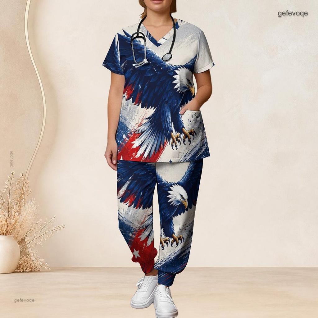 Damen Übergröße V-Ausschnitt Kurzarm Kasack-Set Marineblau Mit Roten Punkten Dekor Print Krankenschwester Uniform Set