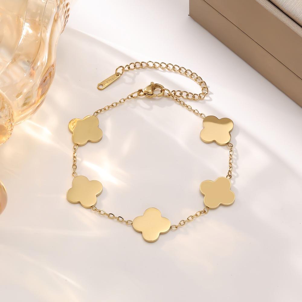 4PCS Fashion Stainless Steel Polished Clover Bracelet Necklace Earrings Set for Women 18K Versatile Jewelry