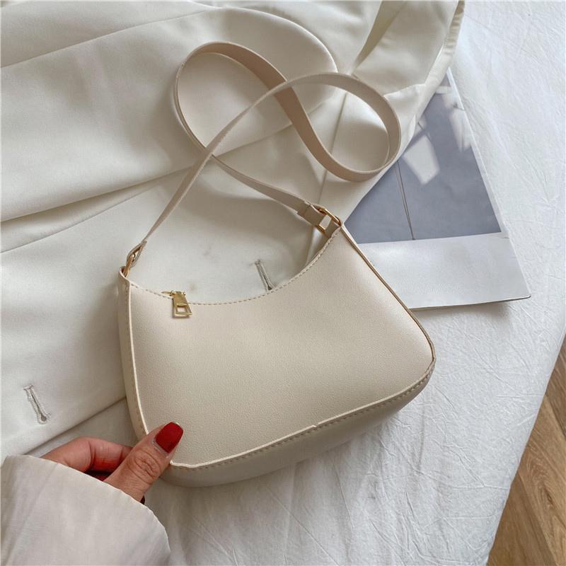 2025 New Handbag Retro Hong Kong Style Portable Shoulder Bag Underarm Bag Solid Color PU Crossbody Bag Women's Leisure Bag