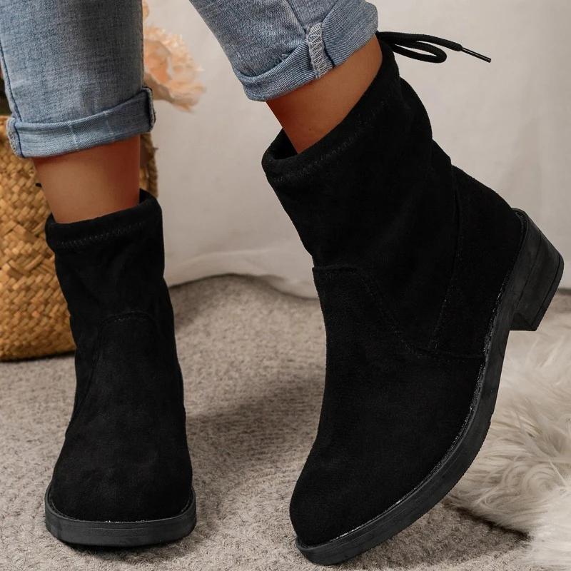 Fashion Ladies Shoes 2024 High Quality Cross-tied Women's Boots Fashion Round Toe Modern Boots Women Winter Plus Size Solid Ankle Boots