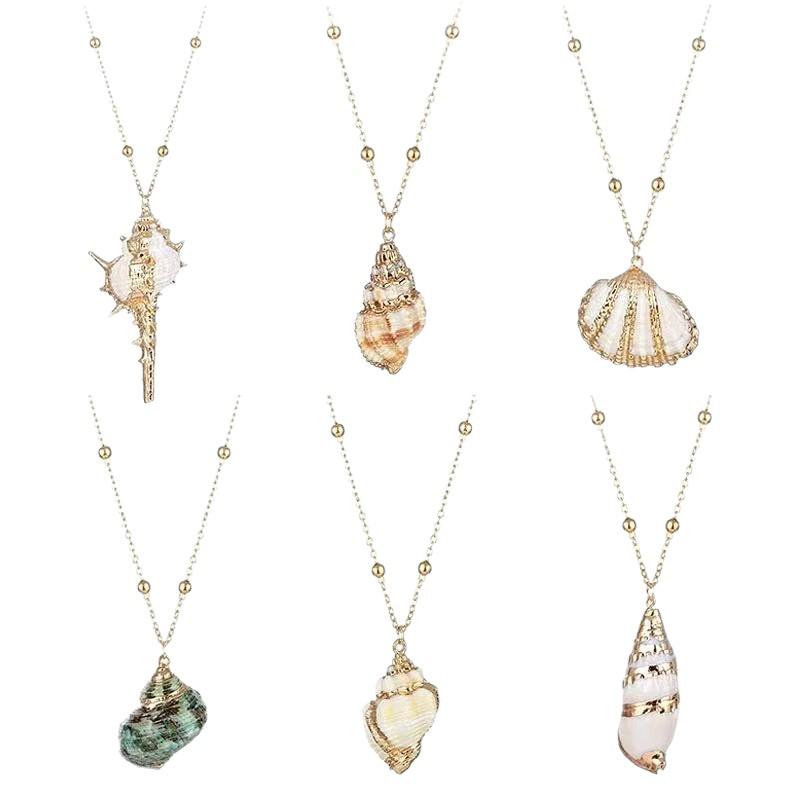 Gold-Edged Seashell Conch Pendant Necklace - Natural Beach Vintage Women's Jewelry