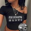 European and American Summer Women's Fashion Trend Hot Stamping Diamond Slim Fit Slanted Shoulder Exposed Navel Short T-shirt