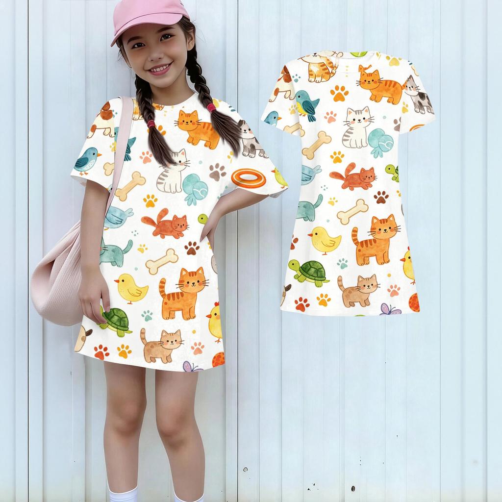 Girls Animal Print Dress Kids Loose Fit Short Sleeve Round Neck Lightweight Casual Dress for Children Summer Wear