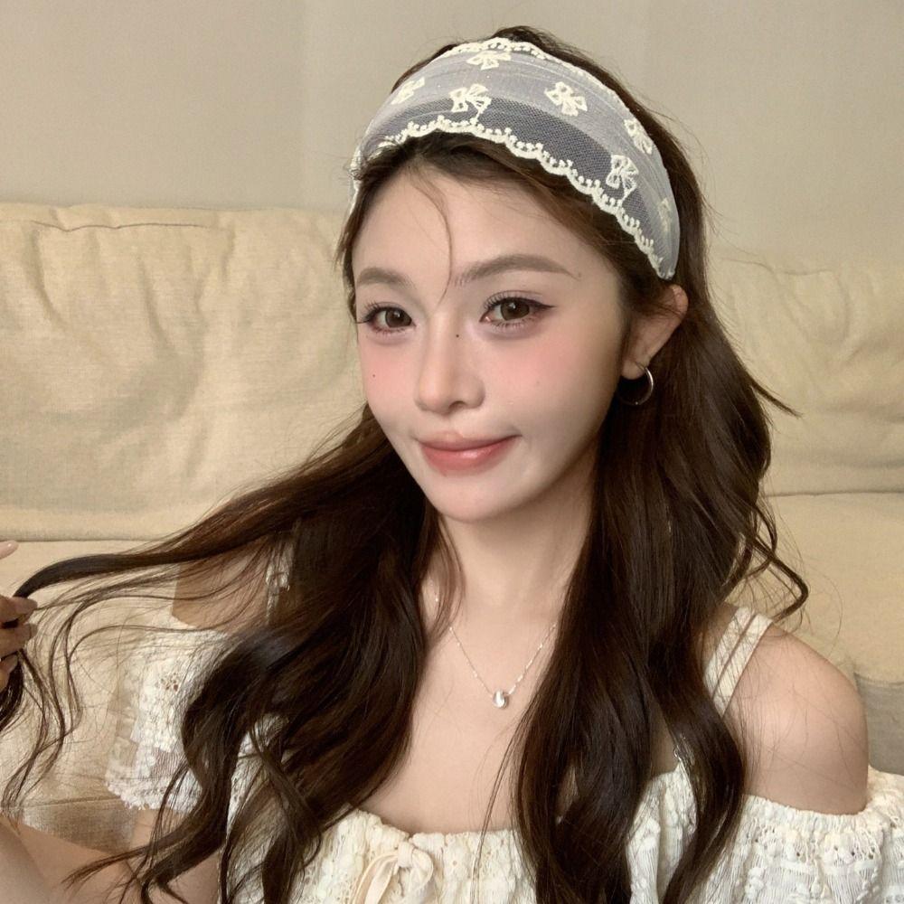 Sweet Korean Style Embroidery Lace Headband Bowknot Wide Edges Bow Hair Band Star Flower Mesh Hair Hoop Headdress