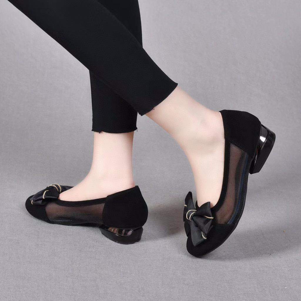 Round Head Flat Bottom Women's Spring and  Bow Mesh Splicing Small Single Shoes Black Sheepskin Women's Shoes