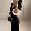 LYRIA Elegant Knitted V-neck Long Dress Women Patchwork Single Breasted Long Puff Sleeve Slim Dresses Chic Female Hip Package Vestidos