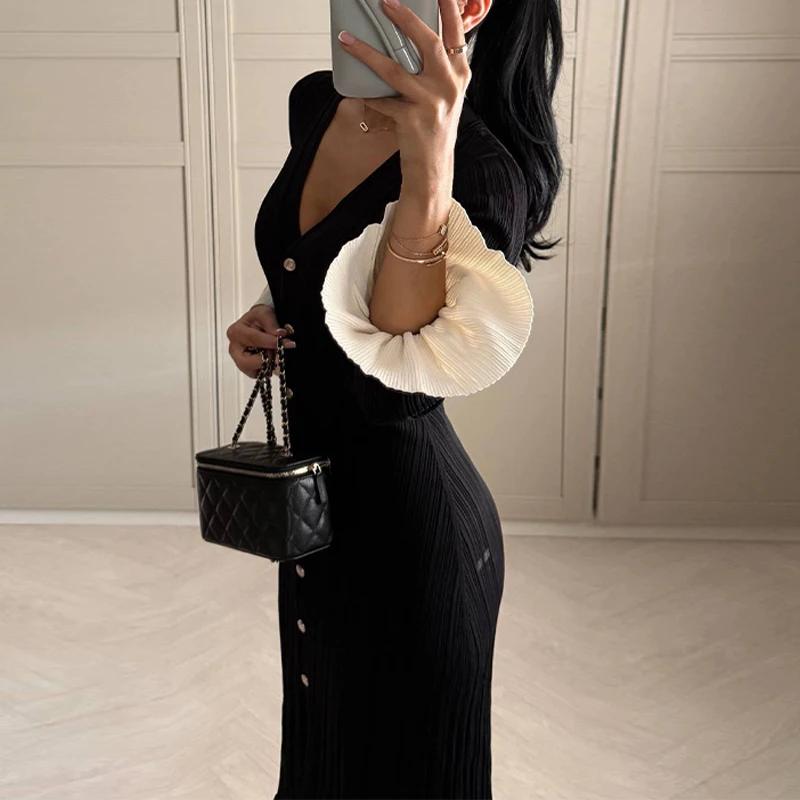 LYRIA Elegant Knitted V-neck Long Dress Women Patchwork Single Breasted Long Puff Sleeve Slim Dresses Chic Female Hip Package Vestidos