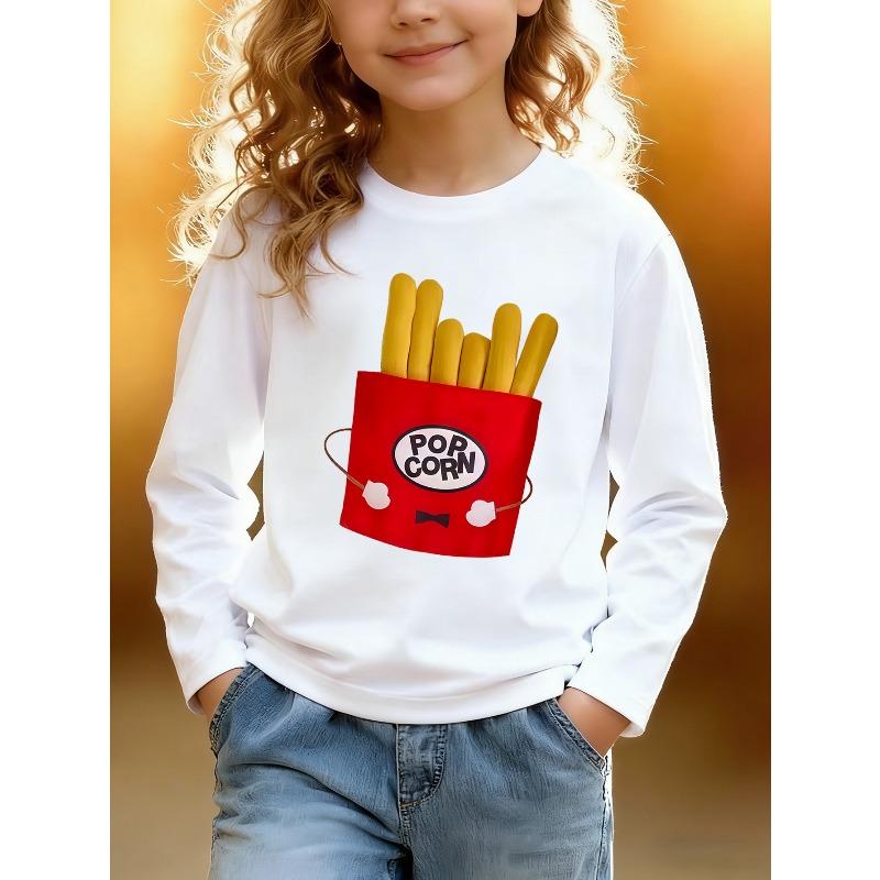 European sizes Kids Spring Autumn Casual Sports Cartoon Printed Long Sleeve T-Shirt Cartoon French Fries Pattern 110 белый