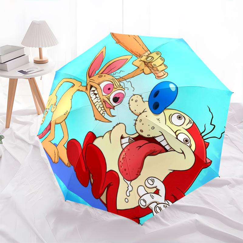 Ren and Stimpy pattern, automatic folding umbrella, portable and foldable design, 8 ribs, a Christmas or birthday gift.