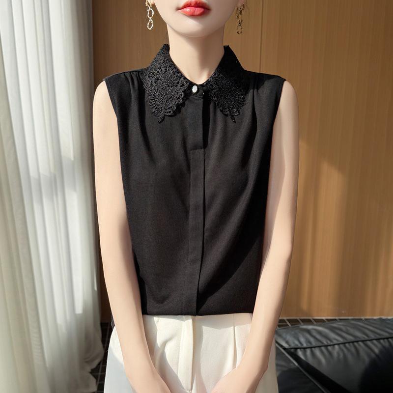 

2026 Spring/Summer Sleeveless Crochet Lace Knit Polo Top M