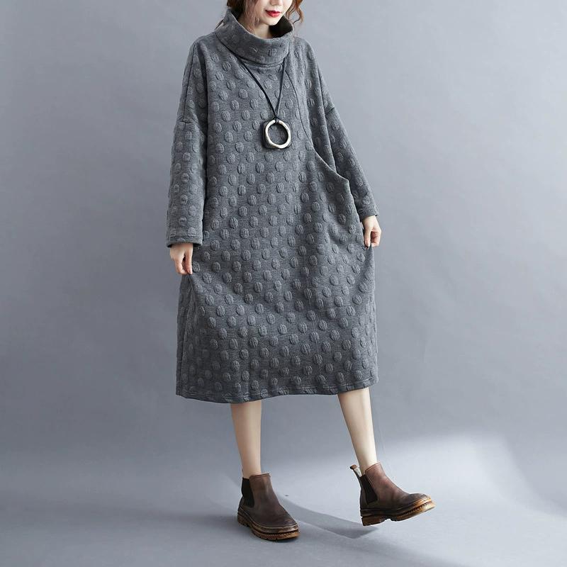 Women Oversized Dress Turtleneck Long Sleeve Polka Dot Dress Casual Solid Color Pocket Maxi Dress