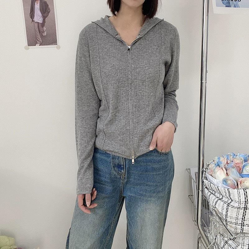 2024 Women's Ultra-Fine Wool Hooded Knit Cardigan Jacket with Double Zipper, European Style