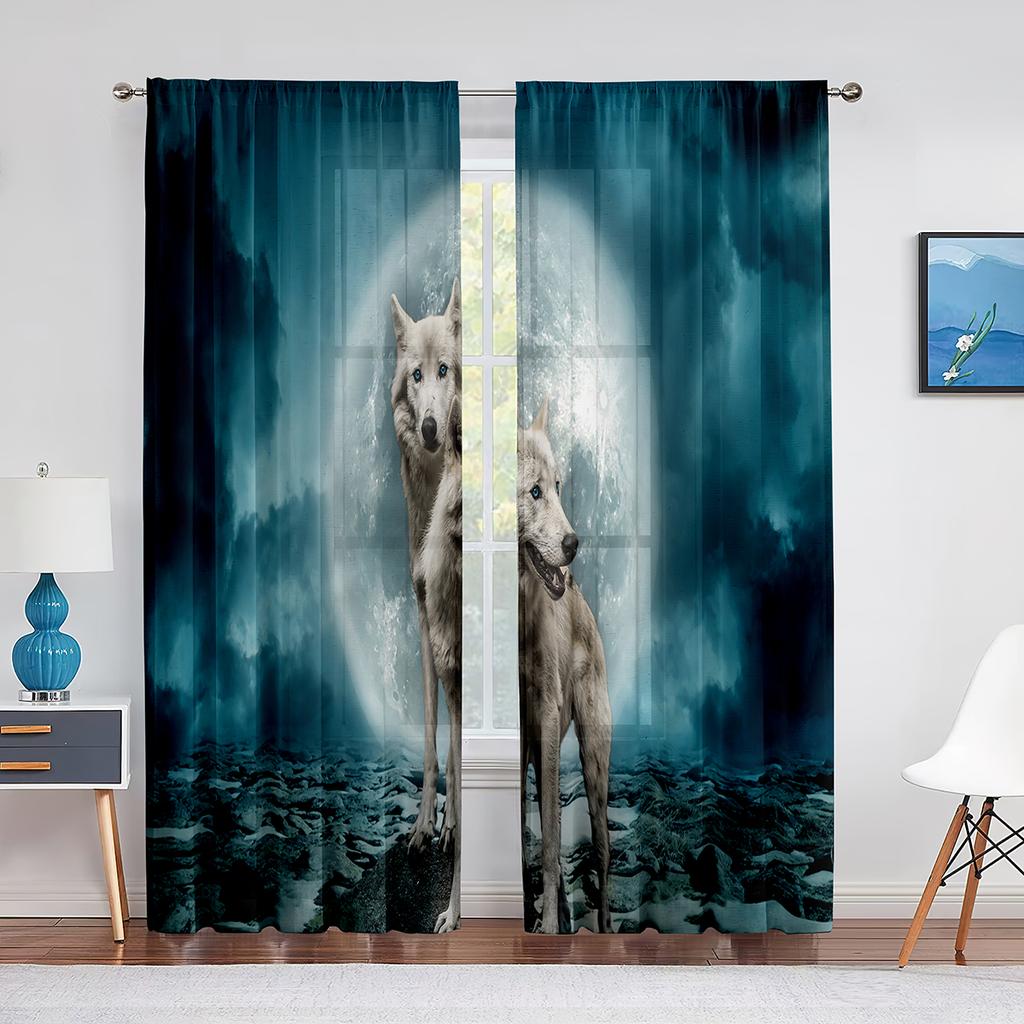 Wolf Sheer Voile Curtain Ice Fire Wolves Look At Each Other Window Tulle Curtains for Living Room Bedroom Kitchen Decor Drapes