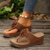Large size flower wedge slippers women's new solid color retro herringbone slippers women