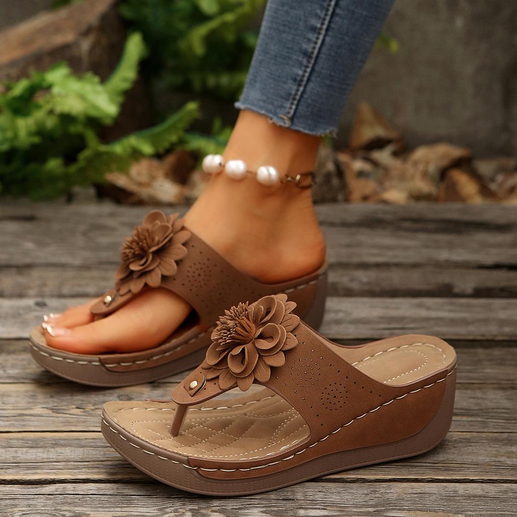 Large size flower wedge slippers women's new solid color retro herringbone slippers women