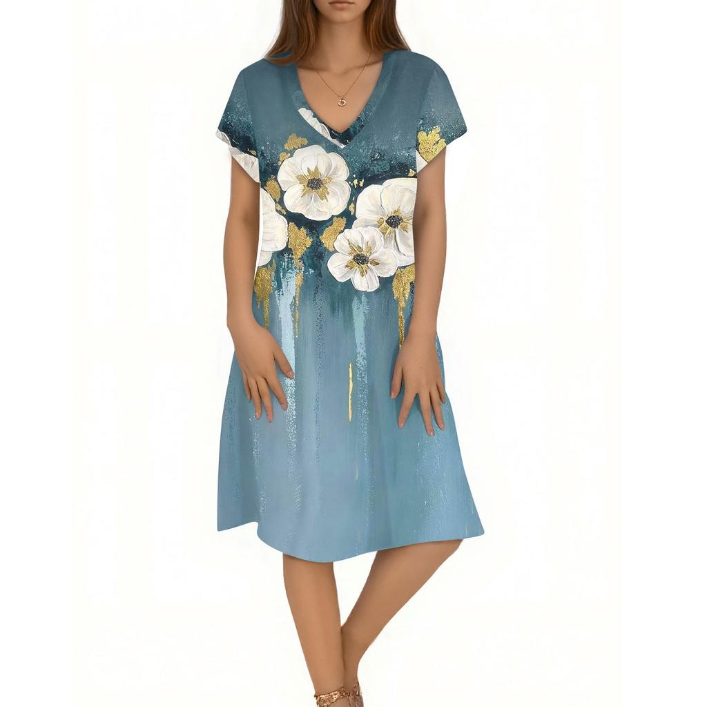 Women's Casual Fashion V-Neck Short Sleeve Floral Print Midi Flowing Dress