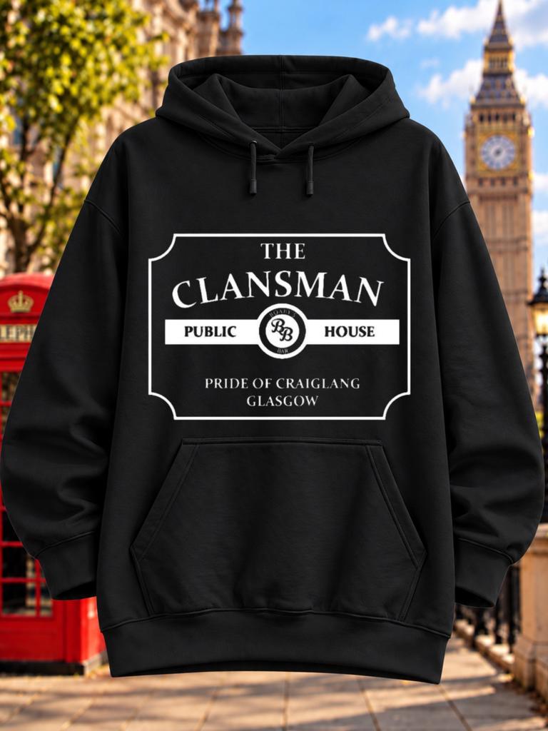 Unisex Hoodie The Clansman Public House Pride of Craiglang Glasgow Classic Pub Sign Graphic with White Outlined Plaque Centered And Serif Text