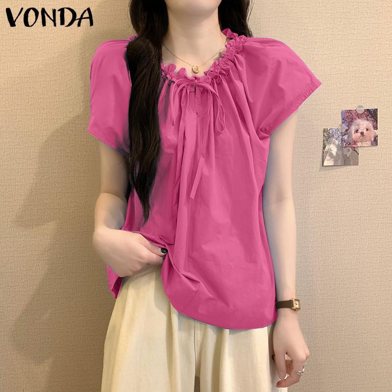 VONDA Women Summer Lace-up Neck Batwing Sleeveless Solid Casual Ruffled Tank Tops