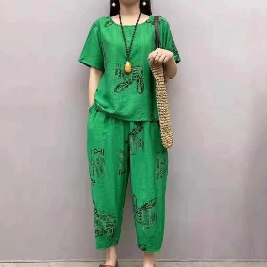 

2 шт./компл., женский топ, брюки, комплект с круглым вырезом, свободные мягкие, с короткими рукавами, дышащие, с принтом перьев, с эластичной резинкой на талии