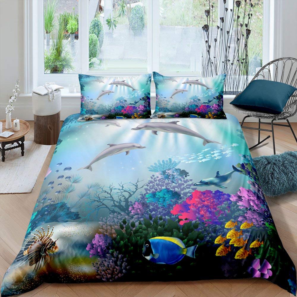 Fish Duvet Cover Set Ocean Bedding Sets 3D Printed Underwater World With Shark Dolphin Coral Reef Pattern Quilt Cover Set 2/3pcs