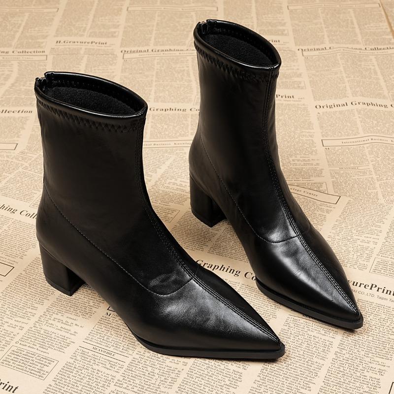 Fashion Retro Thick Heels Women Slim Ankle Autumn Winter Pointed Toe Stripper Party Short Booties De Mujer