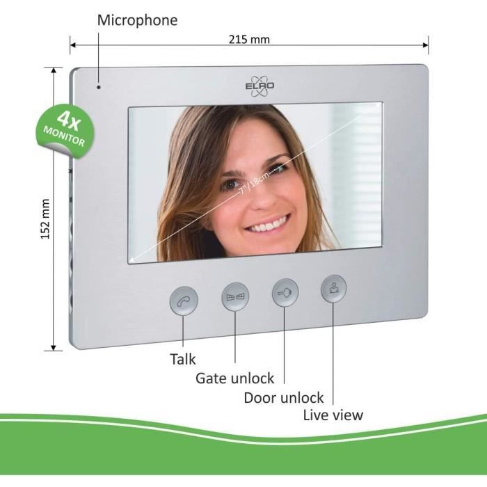 Interphone De Porte Vidéo 4 Familles ELRO DV477W4 - 7 Pouces - 16 Sonneries - Gris