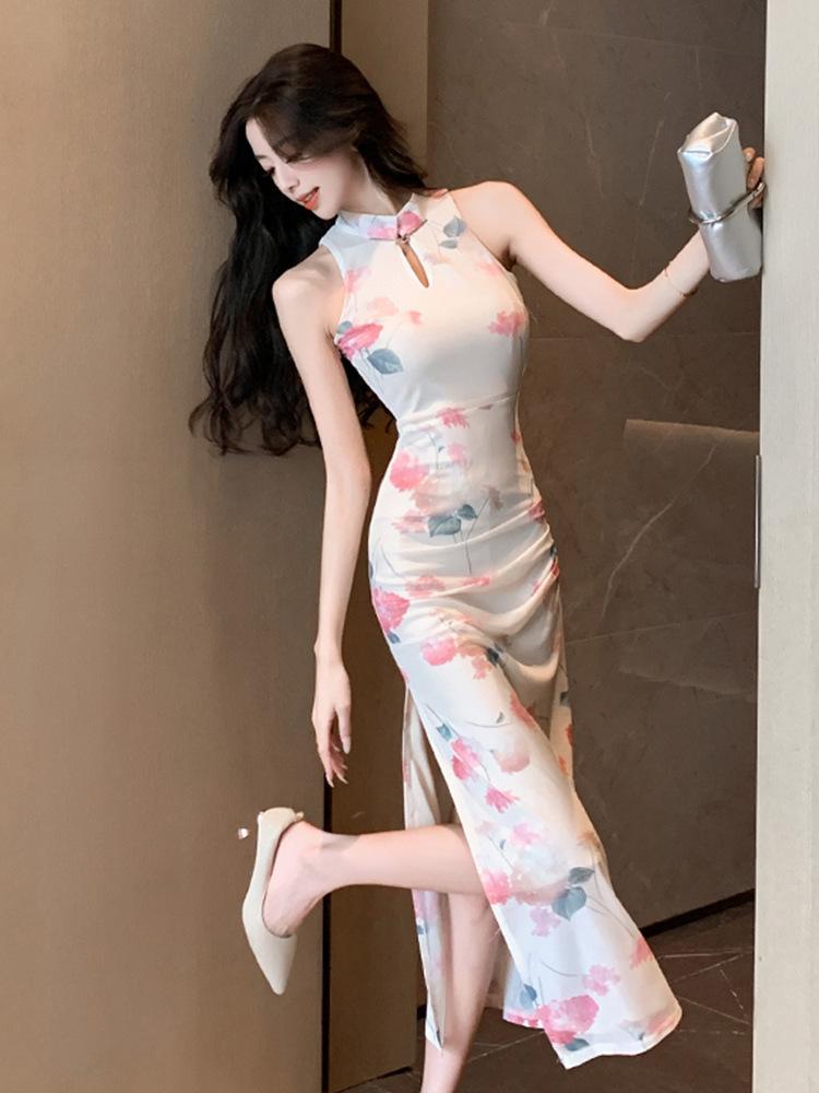 New Chinese national style improved cheongsam young girl sexy temperament celebrity sleeveless neck dress