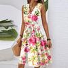 Women's Spring And Summer Casual V-Neck Sleeveless Waist Floral Print Midi Dress
