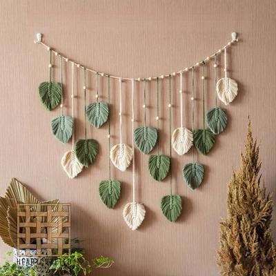 1PC Green Leaves Garland, Macrame Wall Art, Above Bed Decor, Boho Home Decor, Mid Century Modern, Living Room Wall Decor, Plant