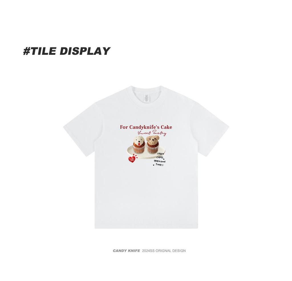 Korean Style Summer Cake Print Girlish Creamy Short Sleeve T-Shirt - Loose Round Neck Couple Outfit