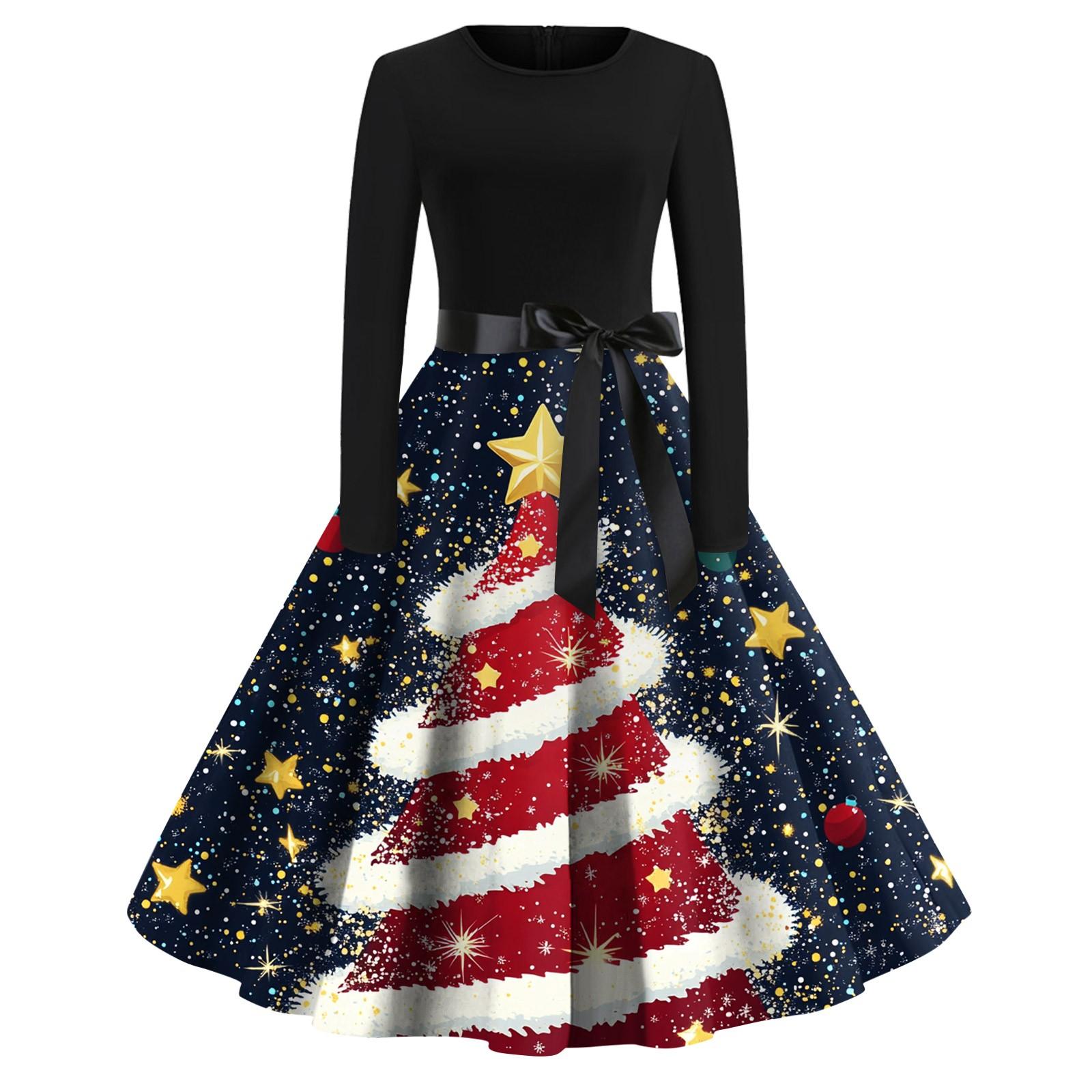 

Женское модное винтажное платье с длинным рукавом и круглым вырезом с рождественским принтом XXXXL тёмно-синий