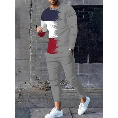 Men's Casual 2-Piece Outfit Long Sleeve T-Shirt & Pants Set Comfortable Crew Neck Tee Breathable Solid Color Pants