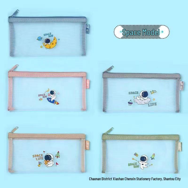 Simple Cartoon A6 Mesh Zipper Pencil Case & Document Bag for Students