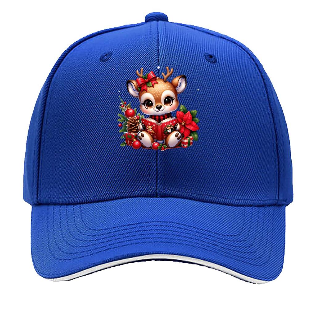 Cute Christmas Reindeer Reading Book Holly Poinsettia Gift Sandwich Baseball Cap Unisex Women Sun Cap Outdoor Workouts Hat