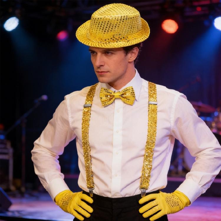 3/4/5/6 Pezzi Cappello con Bretelle Papillon Guanti da Costume da Stella della Danza Uomo Anni '80 '90 Abiti da Palco per Halloween Cosplay Festa