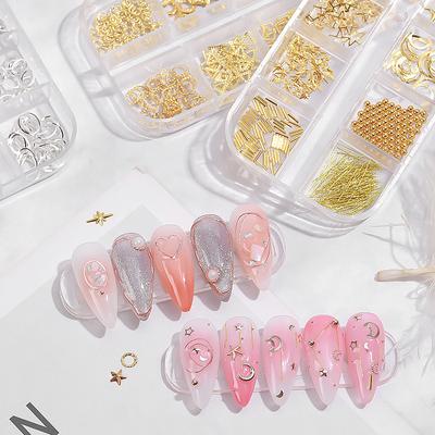 Nail Art Accessories 12 Grid Long Box Nail Art Shaped Rivet Alloy Flat Bottom Drill Nail Art Accessories