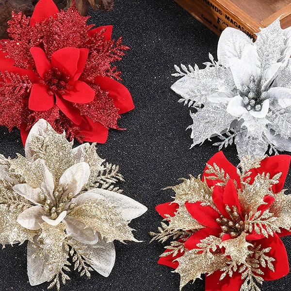 

50/5pcs Christmas Artificial Flower Red Glitter Poinsettia DIY Wreath Xmas Tree Ornaments Floral Wedding Party Home Decoration 10PCS