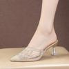 Fashion 2024 Summer New Mesh Diamond Slippers for Women's Fashion Outwear Pointed Crystal Heel High Heel Slippers