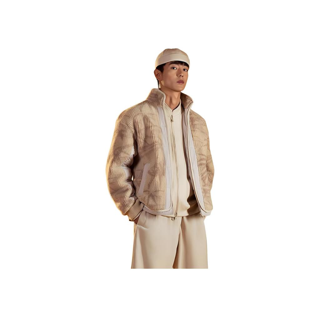 Li Ning X Jackie Chan Collaboration Kung Fu Series All Over Print Loose Fit Stand Collar Zipper Knit Cotton Jacket Men Jackets Oatmeal-Gray AFMU027-1