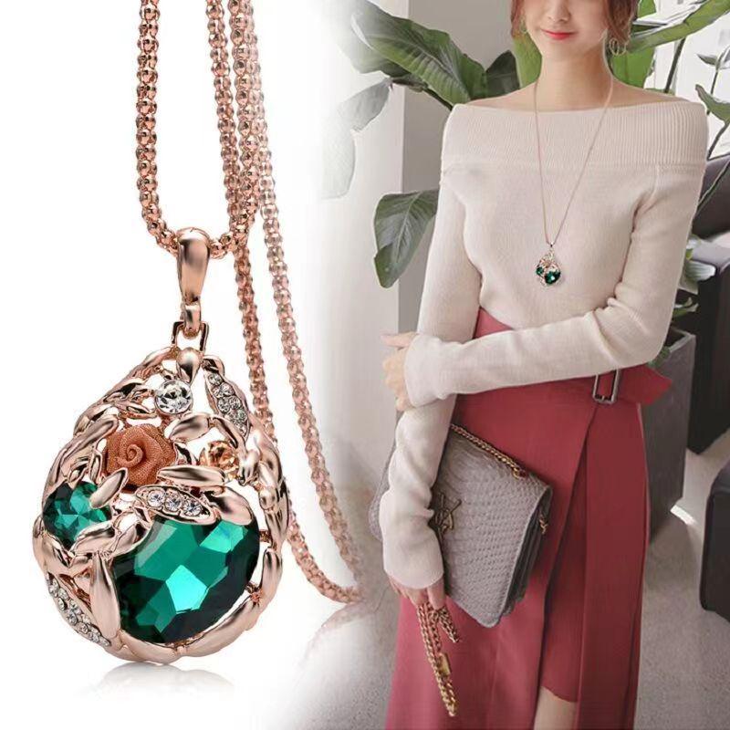 High-End Korean Crystal Round Sweater Chain - Fashionable Autumn/Winter Women's Pendant Necklace