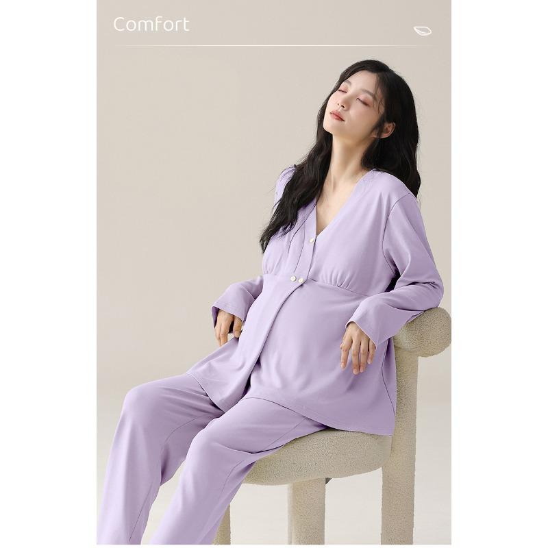 Cotton Maternity Sleepwear with Breast Pads, Pregnant Women, Postpartum Women, Breastfeeding, Spring and Autumn Home Clothing Set